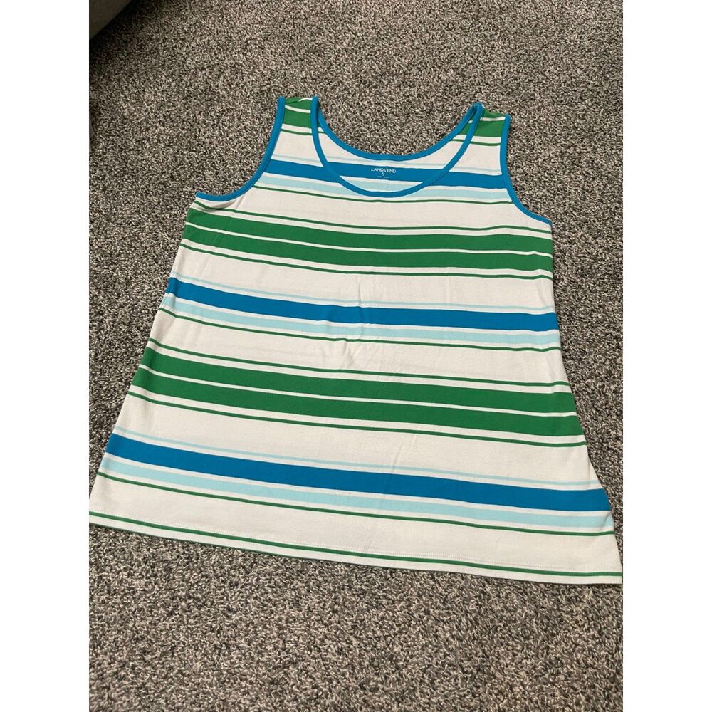 Vintage Lands' End Green, blue, white striped Cotton Tank Top XL